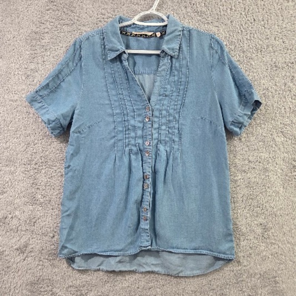 Soft Surroundings‎ Tunic Women's PM Blue Chambray Tencel Pintuck Short Sleeve